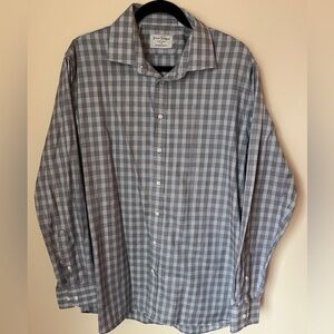 Hickey Freeman Men Size 17 Gray White Plaid Long Sleeve Button Down Dress Shirt